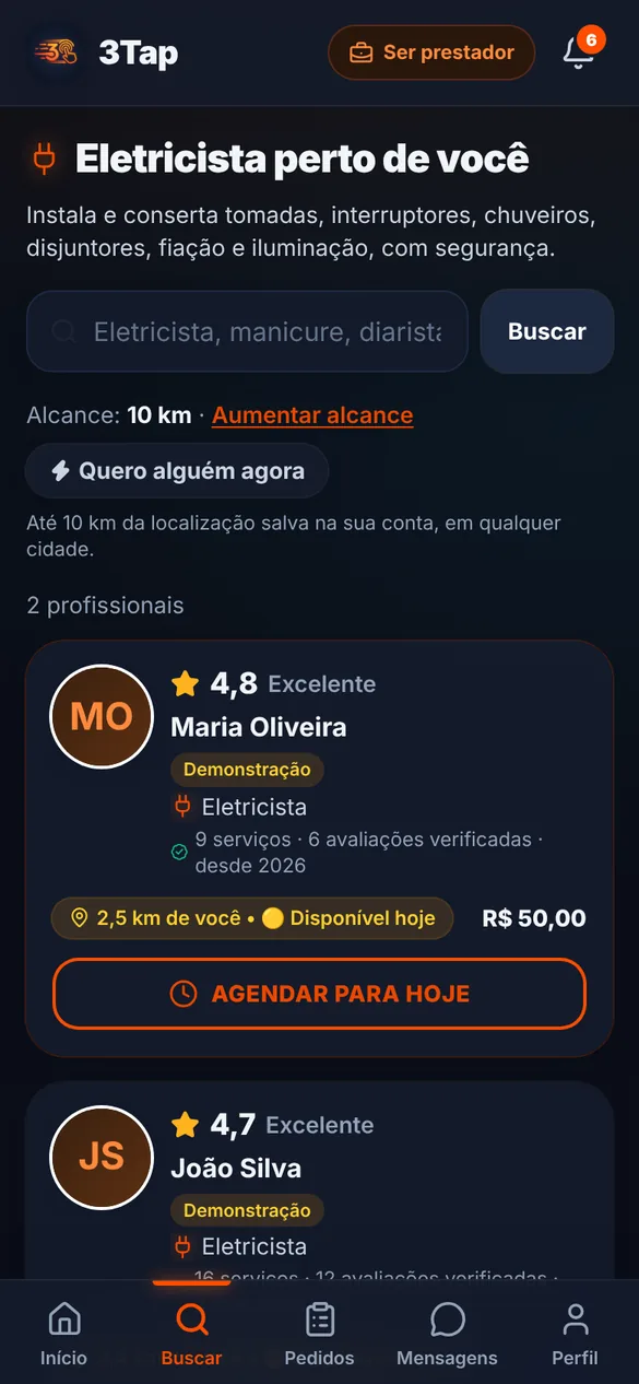 Tela de busca do 3Tap: eletricistas perto de você, com nota, distância, disponibilidade e preço