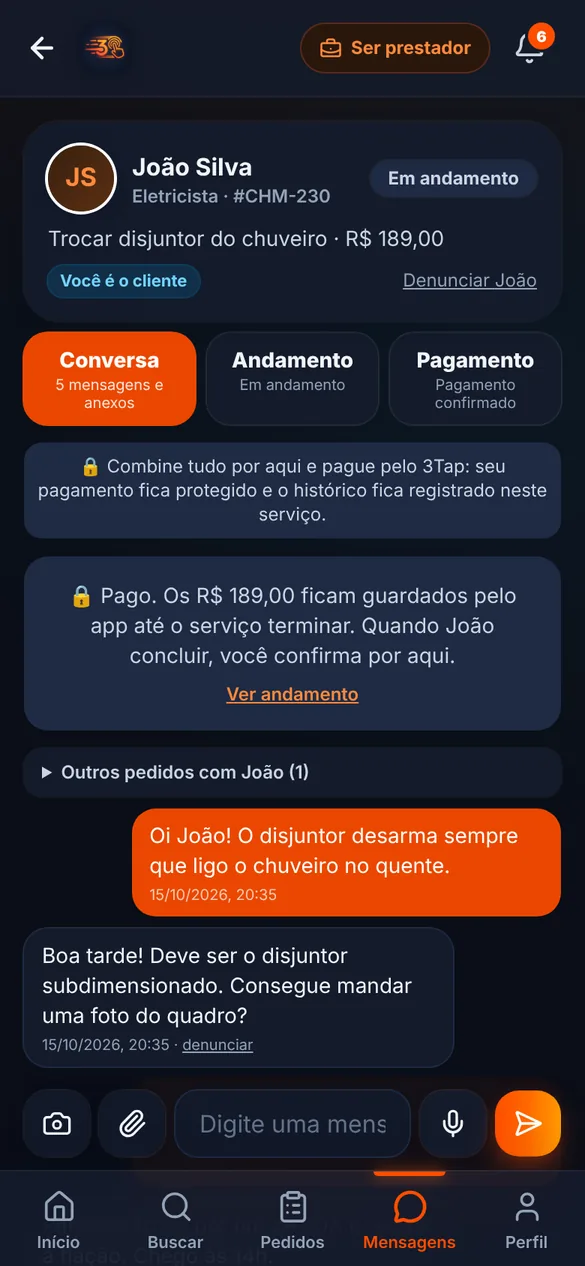 Conversa do pedido: mensagens, fotos e as abas Conversa, Andamento e Pagamento